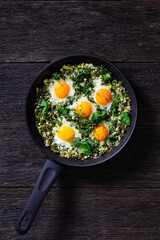green shakshuka in frying pan, top view
