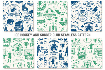 Ice Hockey and Soccer, football club seamless pattern. Vector. For football club background with ce hockey, soccer, football player, goalkeeper and gate silhouettes. Concept for soccer sport pattern - obrazy, fototapety, plakaty