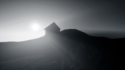 Wide angle shot of the sun rising from mountains with a hut on the mountains, a high-resolution shot.