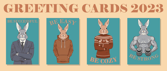 Set of four greeting cards with images of rabbits and wishes for 2023 in linart, pop art, retro style. New Year of the Rabbit. Rabbitin suit, hoodie, sweater, bodybuilder. Vector illustration.