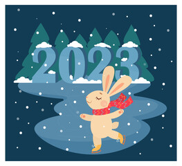 A cute funny rabbit in scarf is skating under the snow in winter and smiling. Vector New Year's illustration. New Year 2023 of Rabbit
