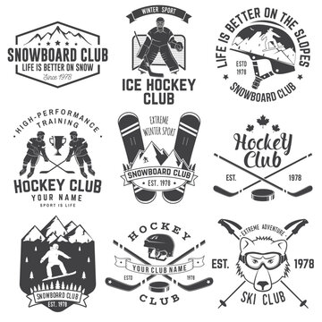 Ice Hockey, Ski and Snowboard Club emblem. Vector. Concept for shirt, print, stamp, badge. Vintage typography design with ice hockey player, snowboarder and skier silhouette. Winter sport.