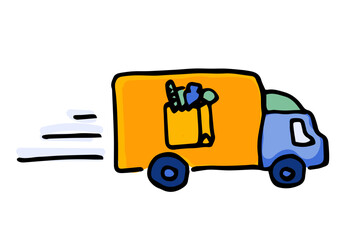 Food truck of delivery rides at high speed. Flat doodle cartoon vector illustration.