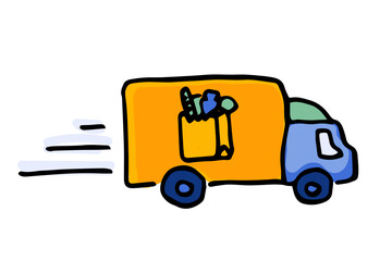 Naklejka premium Food truck of delivery rides at high speed. Flat doodle cartoon vector illustration.