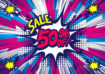 50 Percent OFF Discount on a Comics style bang shape background. Pop art comic discount promotion banners.	