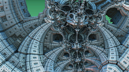 Abstract background, fantastic blue metal structures, ancient civilization fictional background, 3D render illustration.
