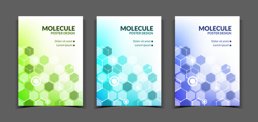 Fototapeta premium Pharmacy poster, molecular science innovation. Chemistry or biotechnology vertical banner collection, medical business abstract background with copy space. Vector illustration set