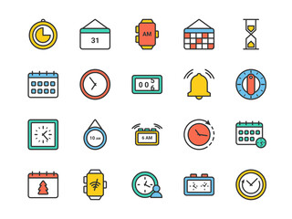 Time line signs. Clock and calendar icons. Color watches set. Digital business progress. Bell and alarm timer. Calendar schedule. Smartwatch and hourglass. Vector abstract illustration