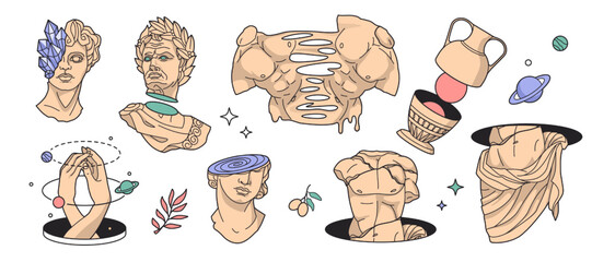 Vintage sculpture stickers, psychedelic statues. Contemporary modern line art, retro globe, space symbol. decorative objects, body parts melting and teleport. Vector illustration set