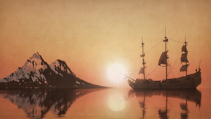 old sailing ship sunset bright sun beautiful landscape with a sailboat bay mountains snowy, 3d render