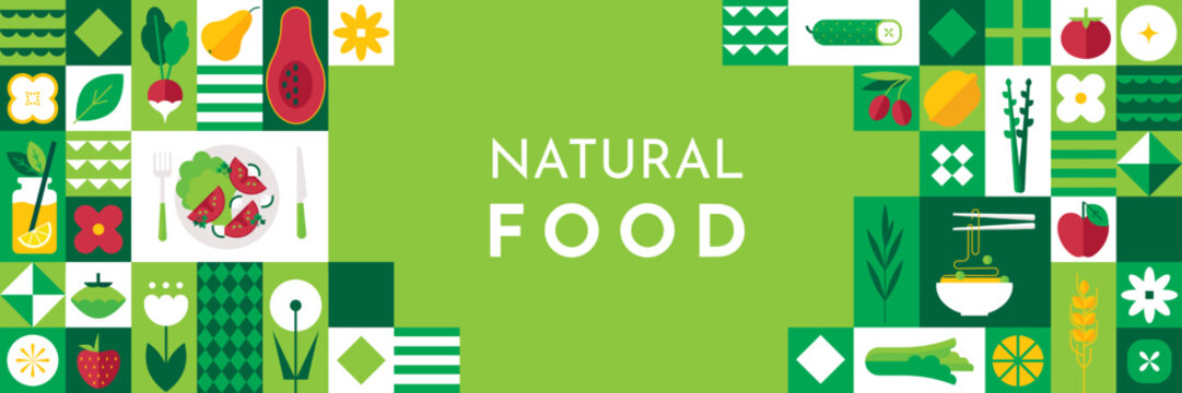 Natural food background, logo and copy space. Farm vegetable fruit. Organic green salad, kitchen fork and knife healthy restaurant menu backdrop, bio brochure. Vector horizontal illustration