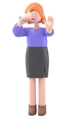 Transparent Backgrounds Mock-up. Format 16:9.3D illustration of smiling businesswoman Ellen is expressing refusal, says STOP with the gesture, expresses protest and disagreement on Supports PNG files 