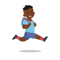 Running boy. African cartoon happy child with backpack, character smiling laughing and jumping, active pose school kids, positive playful funny people, vector isolated concept
