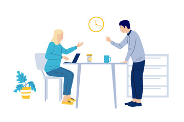 Freelancers at coworking. Office characters sitting at desk with laptops. People communicating. Creative job. Teamwork brainstorm. Coworkers discussion. Vector men and women working