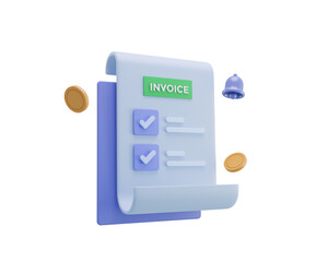 3D Render invoice or bill paper with checkmark for online payment