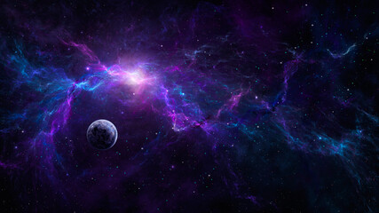 Fototapeta na wymiar Space background. Planet in colorful fractal blue and violet nebula. Elements furnished by NASA. 3D rendering