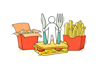 Cartoon set with little people and Fast food