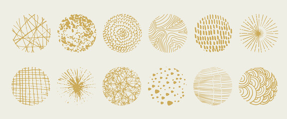 Set of round abstract hand drawn doodle shapes. Backgrounds in the form of a circle of spots, lines, splashes, curves, stripes and dots.