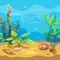 Fototapeta na wymiar Vector ocean world. Exotic seascape with seaweeds, seashells and corals. Colorful background for your design. Illustration of underwater life.