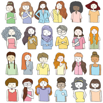 Hand drawn vector illustration of women diversity in doodle art style