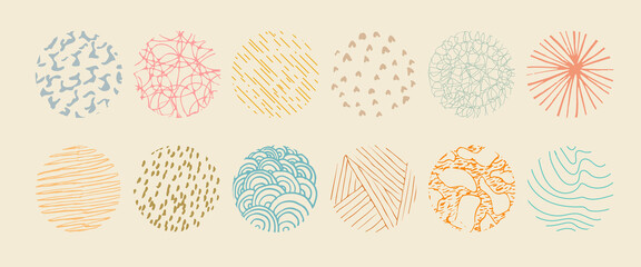 Set of round abstract colored hand drawn doodle shapes. Backgrounds in the form of a circle of spots, lines, splashes, curves, stripes and dots.