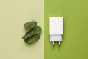 Eco gadgets. Charging adapter and a sprig of eucamlyptus on a green background. Top view