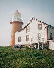 Ferryland Lighthouse in morning mist, Ferryland, Newfoundland and Labrador, Canada