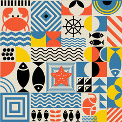 Seafood seamless pattern in Bauhaus style. Geometric poster with abstract geometry Bauhaus swiss. Fish, crab, shrimp, caviar in futuristic minimal shapes, forms © Gala