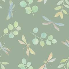 Obraz premium Dragonfly and leaves watercolor abstract background for design, print, wallpaper, textile. Seamless botanical pattern painted in watercolor digitally processed.