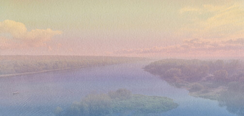 Naklejka premium Wide river to the horizon. Landscape photo and watercolor background collected in a collage.
