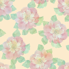 Seamless floral pattern of peony flowers, gentle pastel colors. Abstract watercolor background in green and pink shades.