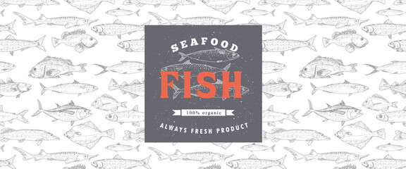 Fish vector design of packaging or label. Modern printed seafood background, vintage sketch of fish seamless pattern.