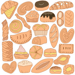 Hand drawn bakery and pastry collection in doodle art style on white background