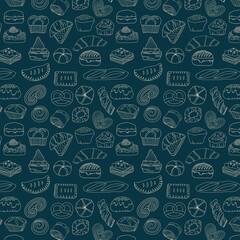 Seamless pattern background of hand drawn bakery and pastry set on dark blue background