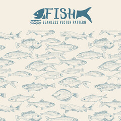 Fish vector seafood background, vintage sketch of fish seamless pattern.