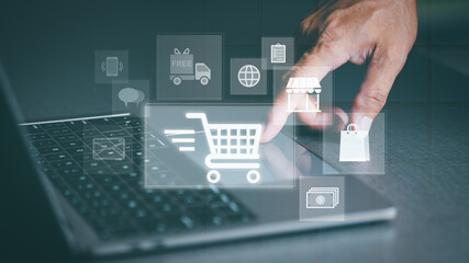 Ecommerce concept and online selling website Cyberspace-based retail businesses use it to communicate between store owners and customers, virtual shopping carts on a laptop.