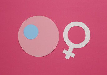 Ovulation. Women Health. Venus female gender symbol with ovum model on pink background