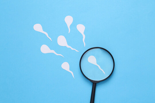 Diagnosis of male reproductive function. Spermatozoa, male seed with a magnifying glass on a blue background
