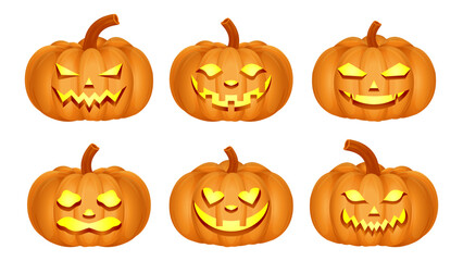 Set pumpkin on white background. Jack o lantern pumpkin with expression for your design for the holiday Halloween. Vector illustration.