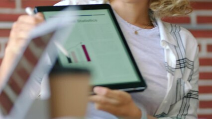 PPT digital tablet presentation and woman with business statistics data report, seo marketing analytics or company finance analysis in meeting closeup. Corporate website presenter, speaker or manager