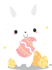 Cute white bunny rabbit holding pink Easter egg.  Flat design illustration.	