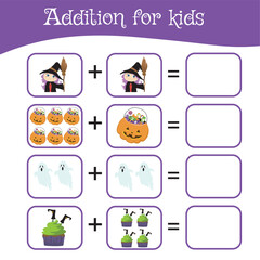 Fototapeta premium Mathematic worksheet for preschool children. Educational counting game with Halloween theme. This worksheet is suitable for educating the early age children on how to count well. Fun activity for kids