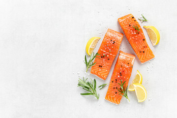 Salmon. Fresh raw salmon fish fillet on white background - 529590843