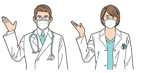 人物イラスト 医師 男女 正面 マスクあり