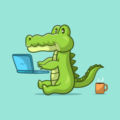 cute alligator using laptop