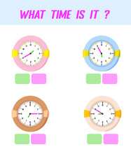 What time is it. Learning time on the clock. Educational activity worksheet for kids and toddlers. Preschool game. Puzzle with clock .   Education Game for Children.