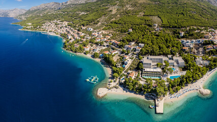 Obraz premium Baska Voda beach and waterfront aerial view, Makarska riviera in Dalmatia, Croatia