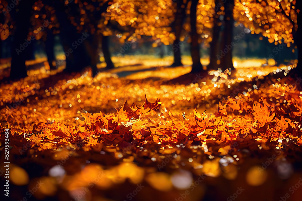 Poster yellow foliage at the foot of dark tree trunks in an autumn park, 3d rendering