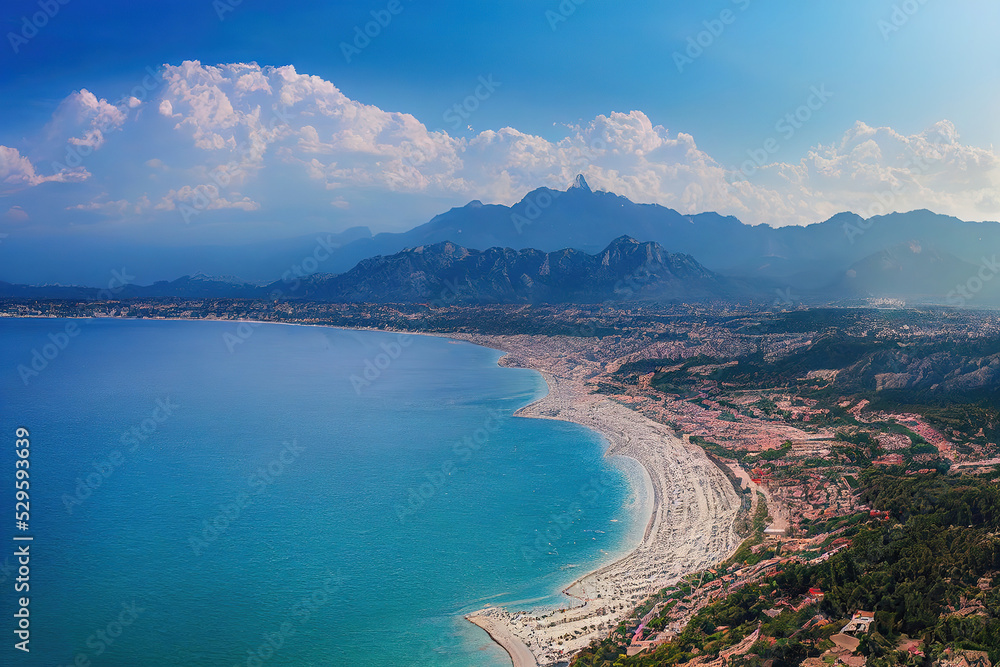 Aufkleber beautiful view of the sea and the beach against the backdrop of mountains and blue sky with clouds o