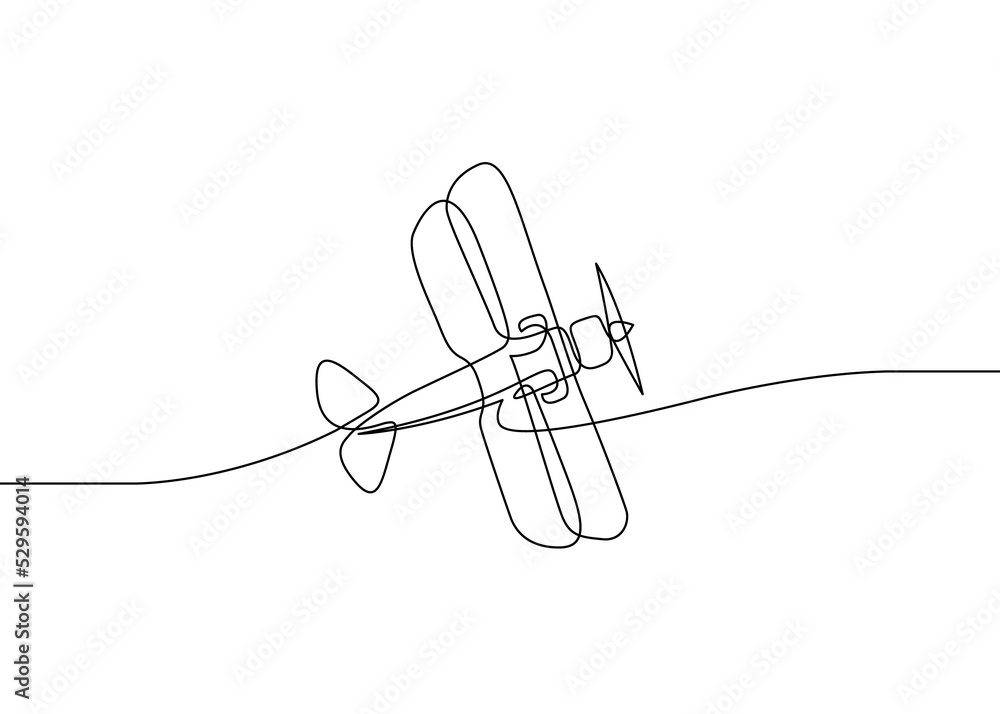 Poster continuous line drawing of jet plane . flight biplane tandem wing. the symbol of take-off in the sky